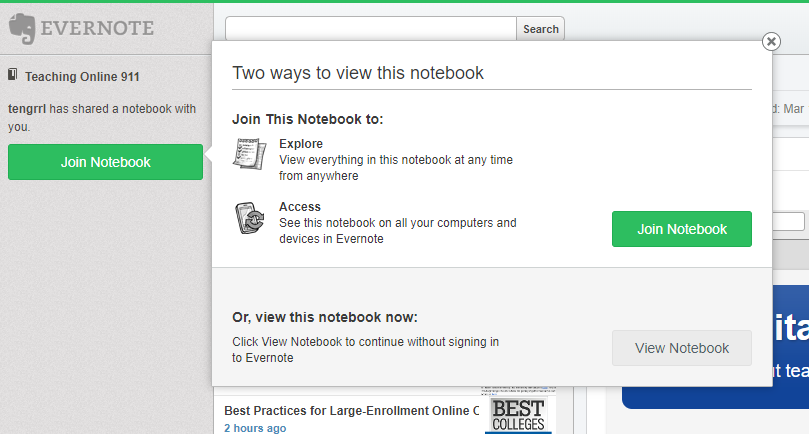 Evernote Public Notebook screenshot, showing the Join or View options