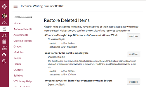 Restore Deleted Items Page