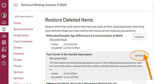 Restore button on Restore Deleted Items page